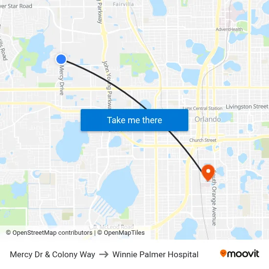 Mercy Dr & Colony Way to Winnie Palmer Hospital map