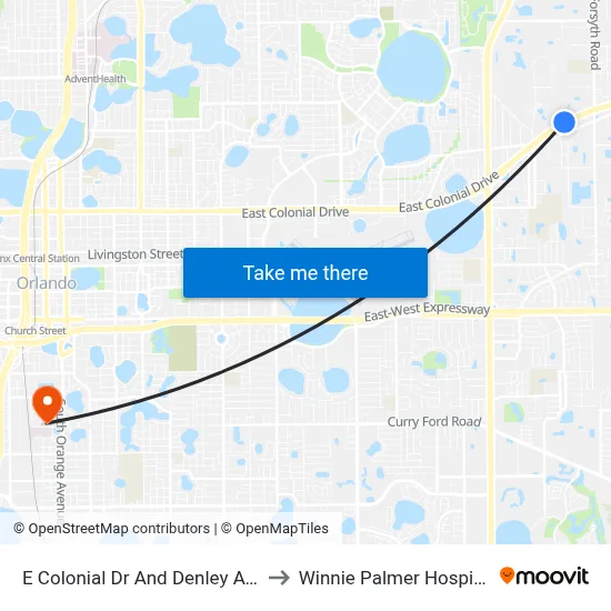 E Colonial Dr And Denley Ave to Winnie Palmer Hospital map