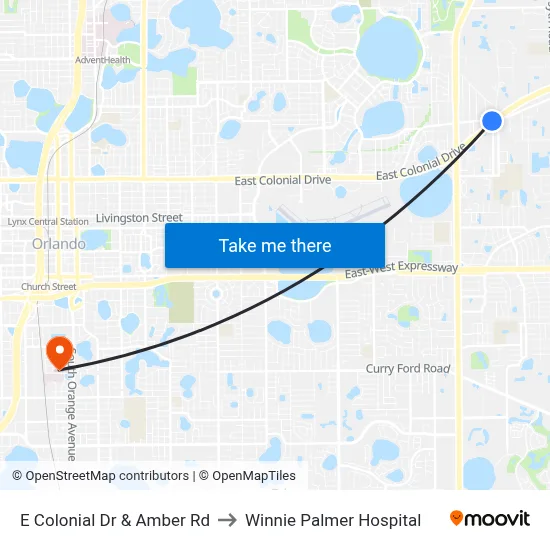 E Colonial Dr & Amber Rd to Winnie Palmer Hospital map