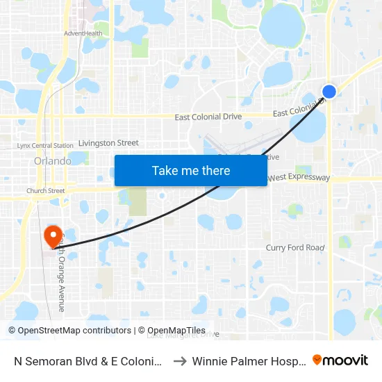 N Semoran Blvd & E Colonial Dr to Winnie Palmer Hospital map
