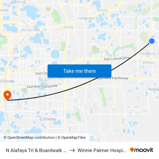 N Alafaya Trl & Boardwalk Dr to Winnie Palmer Hospital map