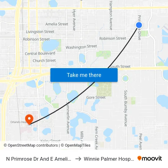 N Primrose Dr And E Amelia St to Winnie Palmer Hospital map