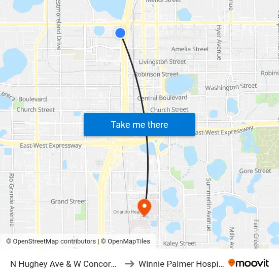 N Hughey Ave & W Concord St to Winnie Palmer Hospital map