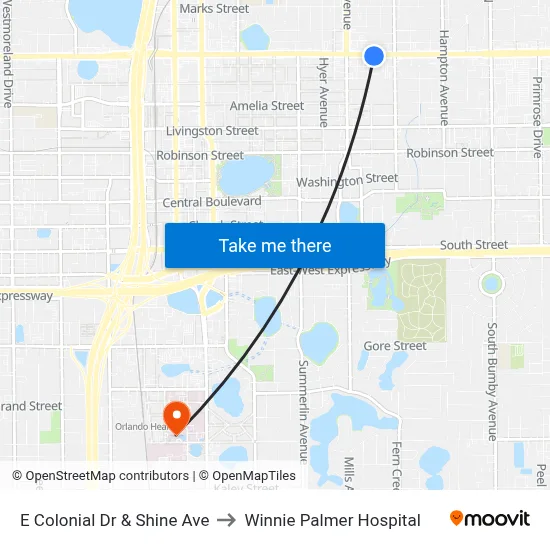 E Colonial Dr & Shine Ave to Winnie Palmer Hospital map