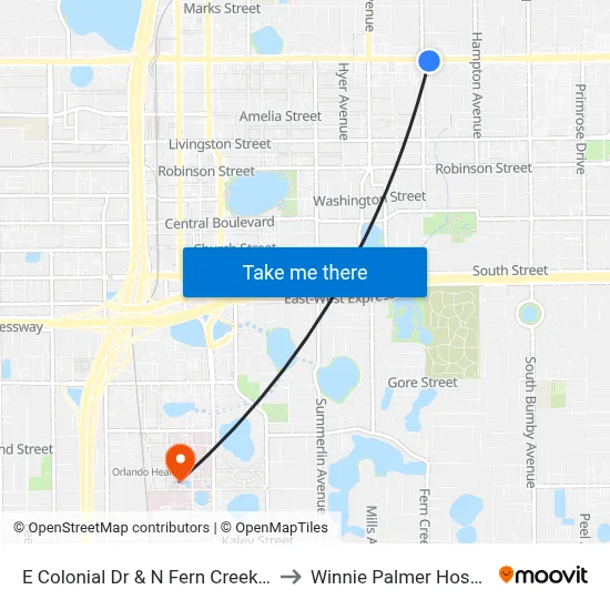 E Colonial Dr & N Fern Creek Ave to Winnie Palmer Hospital map
