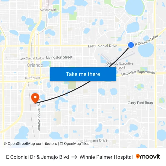 E Colonial Dr & Jamajo Blvd to Winnie Palmer Hospital map