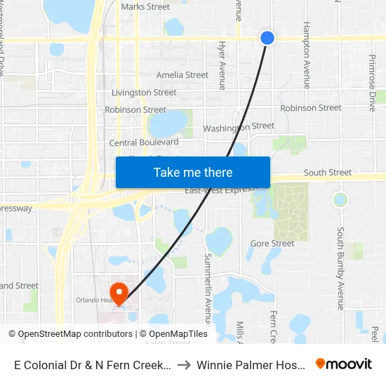 E Colonial Dr & N Fern Creek Ave to Winnie Palmer Hospital map