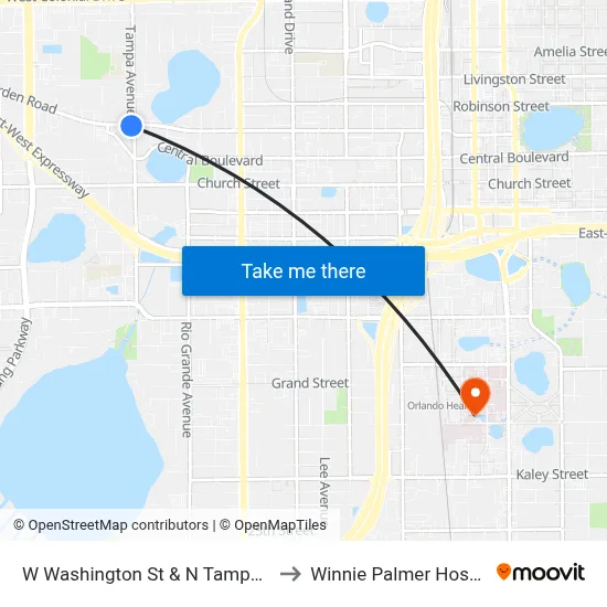 W Washington St & N Tampa Ave to Winnie Palmer Hospital map