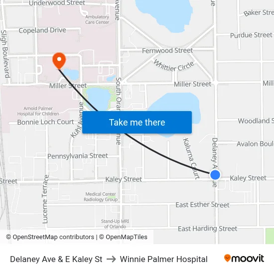 Delaney Ave & E Kaley St to Winnie Palmer Hospital map