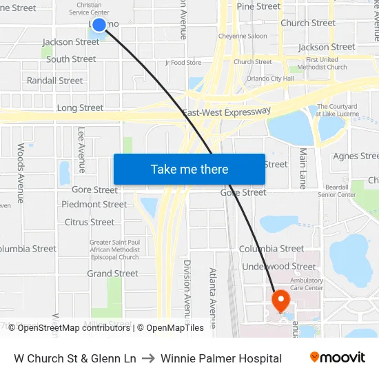 W Church St & Glenn Ln to Winnie Palmer Hospital map
