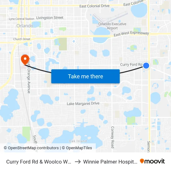 Curry Ford Rd & Woolco Way to Winnie Palmer Hospital map