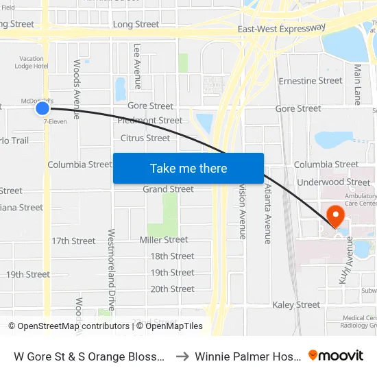 W Gore St & S Orange Blossom Trl to Winnie Palmer Hospital map