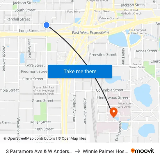 S Parramore Ave & W Anderson St to Winnie Palmer Hospital map