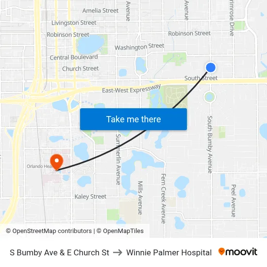 S Bumby Ave & E Church St to Winnie Palmer Hospital map