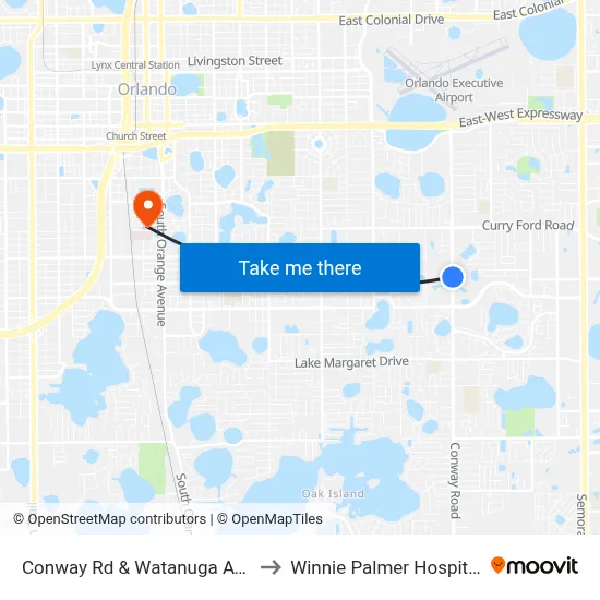 Conway Rd & Watanuga Ave to Winnie Palmer Hospital map