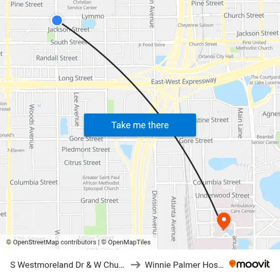 S Westmoreland Dr & W Church St to Winnie Palmer Hospital map