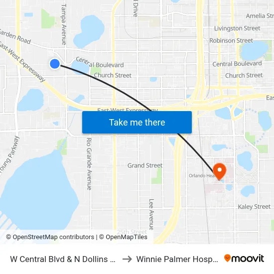 W Central Blvd & N Dollins Ave to Winnie Palmer Hospital map