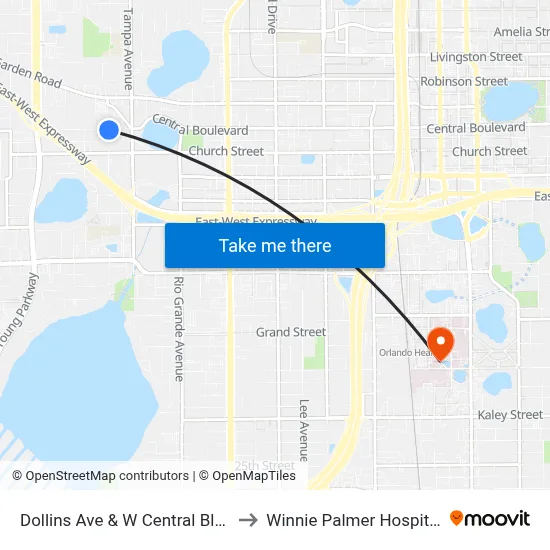 Dollins Ave & W Central Blvd to Winnie Palmer Hospital map
