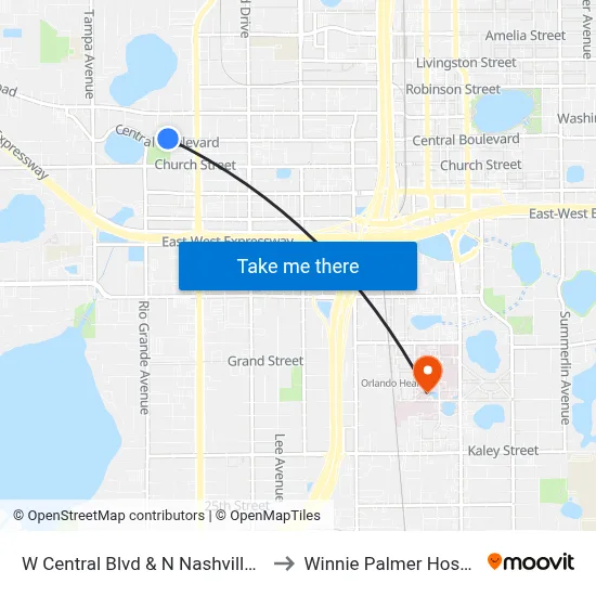 W Central Blvd & N Nashville Ave to Winnie Palmer Hospital map