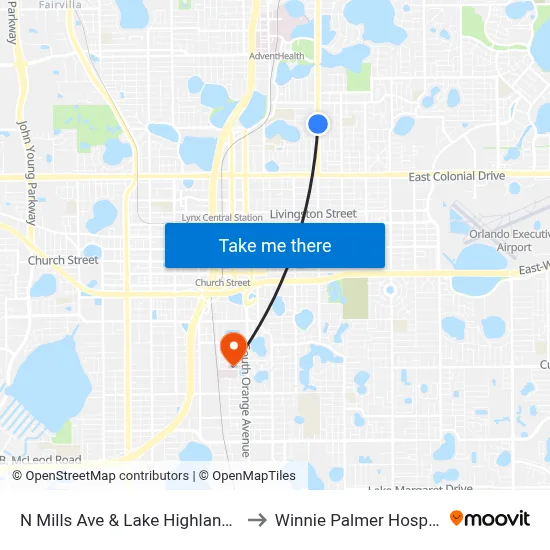 N Mills Ave & Lake Highland Dr to Winnie Palmer Hospital map