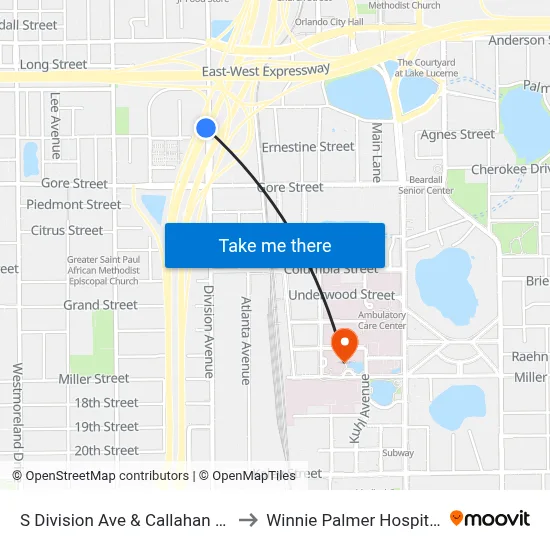 S Division Ave & Callahan Dr to Winnie Palmer Hospital map