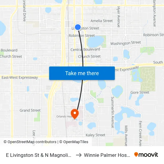 E Livingston St & N Magnolia Ave to Winnie Palmer Hospital map