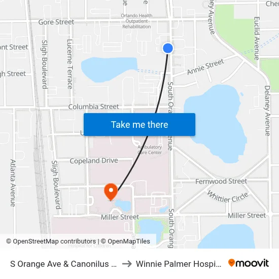 S Orange Ave & Canonilus Ct to Winnie Palmer Hospital map