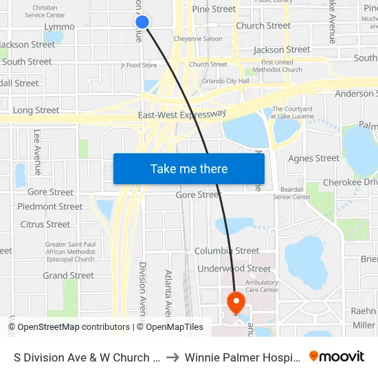 S Division Ave & W Church St to Winnie Palmer Hospital map