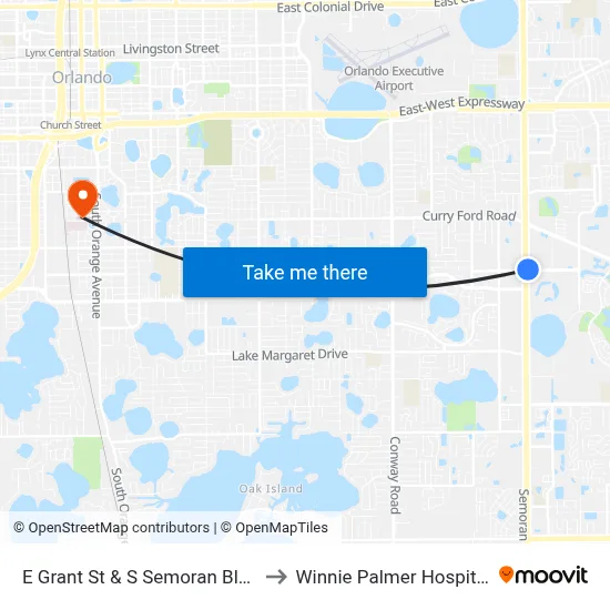 E Grant St & S Semoran Blvd to Winnie Palmer Hospital map