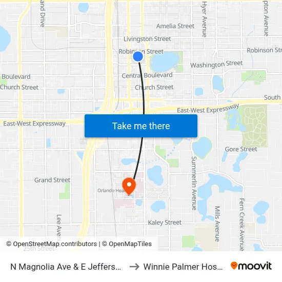 N Magnolia Ave & E Jefferson St to Winnie Palmer Hospital map