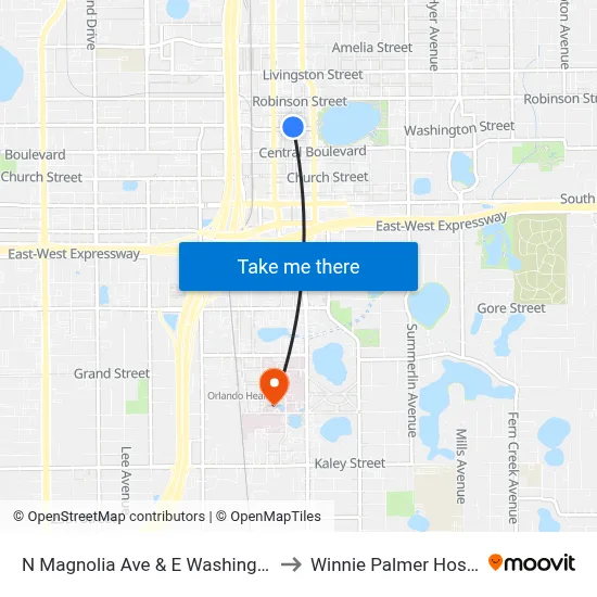N Magnolia Ave & E Washington St to Winnie Palmer Hospital map