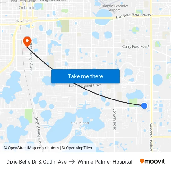 Dixie Belle Dr & Gatlin Ave to Winnie Palmer Hospital map