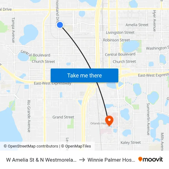 W Amelia St & N Westmoreland Dr to Winnie Palmer Hospital map