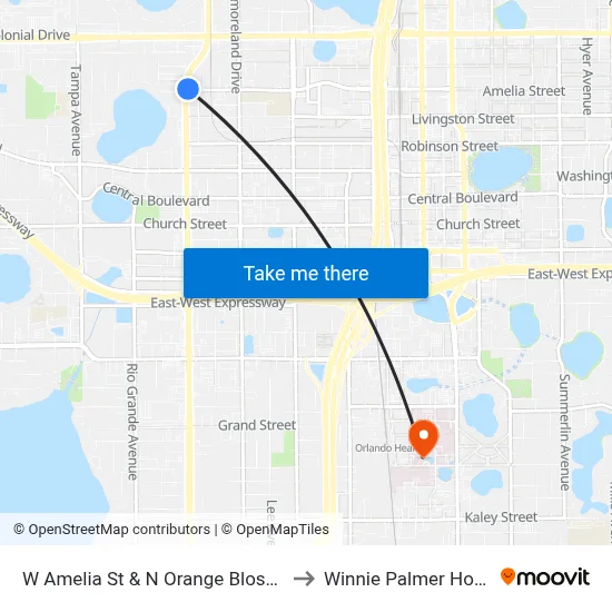 W Amelia St & N Orange Blossom Trl to Winnie Palmer Hospital map