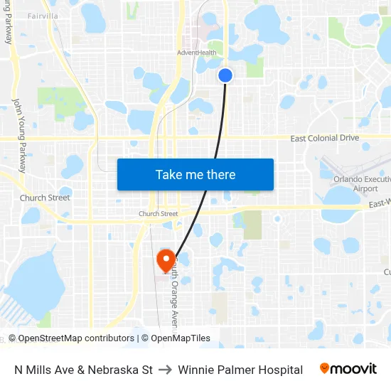 N Mills Ave & Nebraska St to Winnie Palmer Hospital map