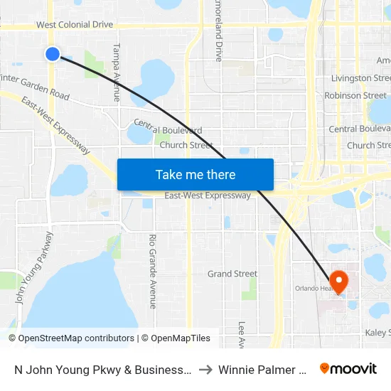 N John Young Pkwy & Business Center Blvd to Winnie Palmer Hospital map