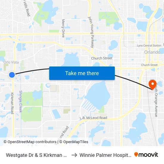 Westgate Dr & S Kirkman Rd to Winnie Palmer Hospital map
