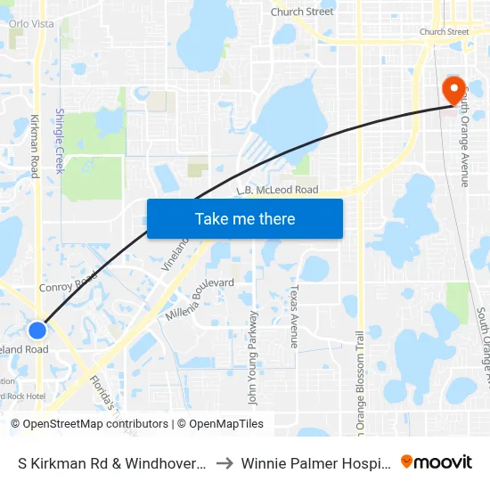 S Kirkman Rd & Windhover Dr to Winnie Palmer Hospital map