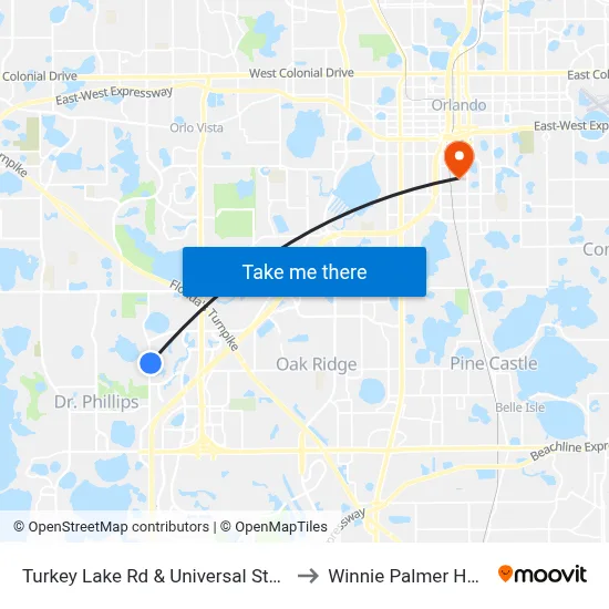 Turkey Lake Rd & Universal Studios Plz to Winnie Palmer Hospital map
