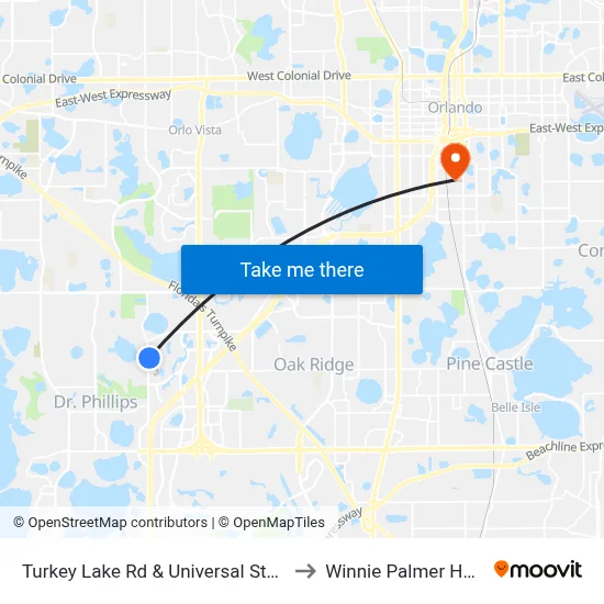 Turkey Lake Rd & Universal Studios Plz to Winnie Palmer Hospital map
