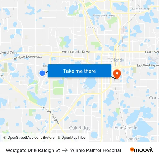 Westgate Dr & Raleigh St to Winnie Palmer Hospital map
