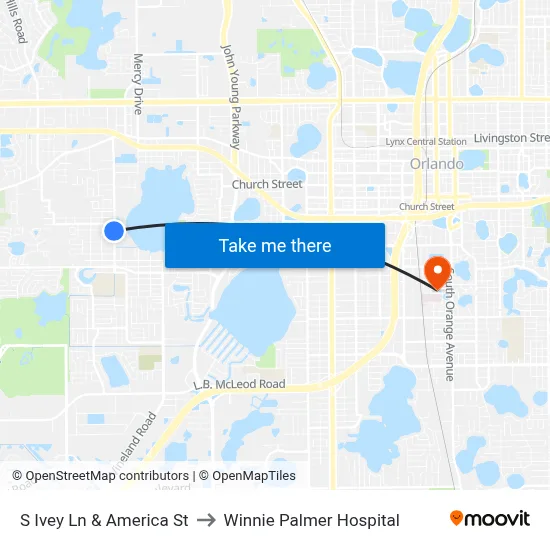 S Ivey Ln & America St to Winnie Palmer Hospital map