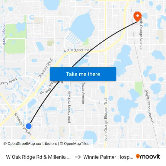 W Oak Ridge Rd & Millenia Blvd to Winnie Palmer Hospital map
