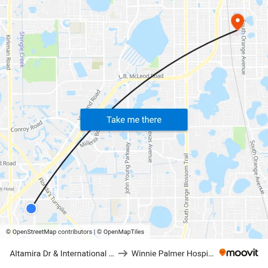 Altamira Dr & International Dr to Winnie Palmer Hospital map