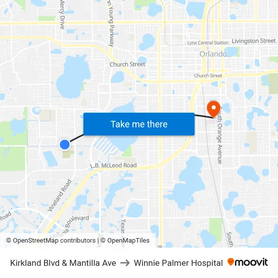 Kirkland Blvd & Mantilla Ave to Winnie Palmer Hospital map
