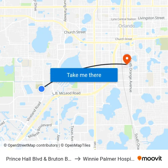 Prince Hall Blvd & Bruton Blvd to Winnie Palmer Hospital map