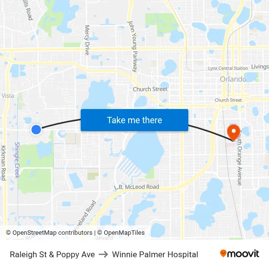 Raleigh St & Poppy Ave to Winnie Palmer Hospital map