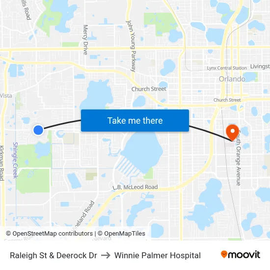 Raleigh St & Deerock Dr to Winnie Palmer Hospital map