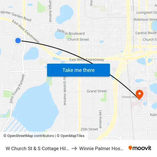 W Church St & S Cottage Hill Rd to Winnie Palmer Hospital map