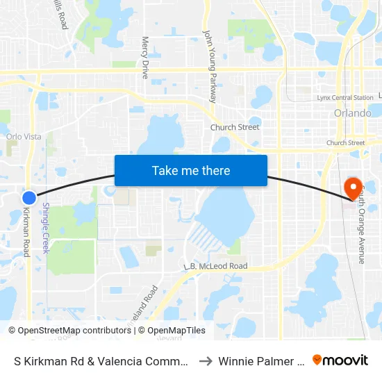 S Kirkman Rd & Valencia Community College Dr to Winnie Palmer Hospital map